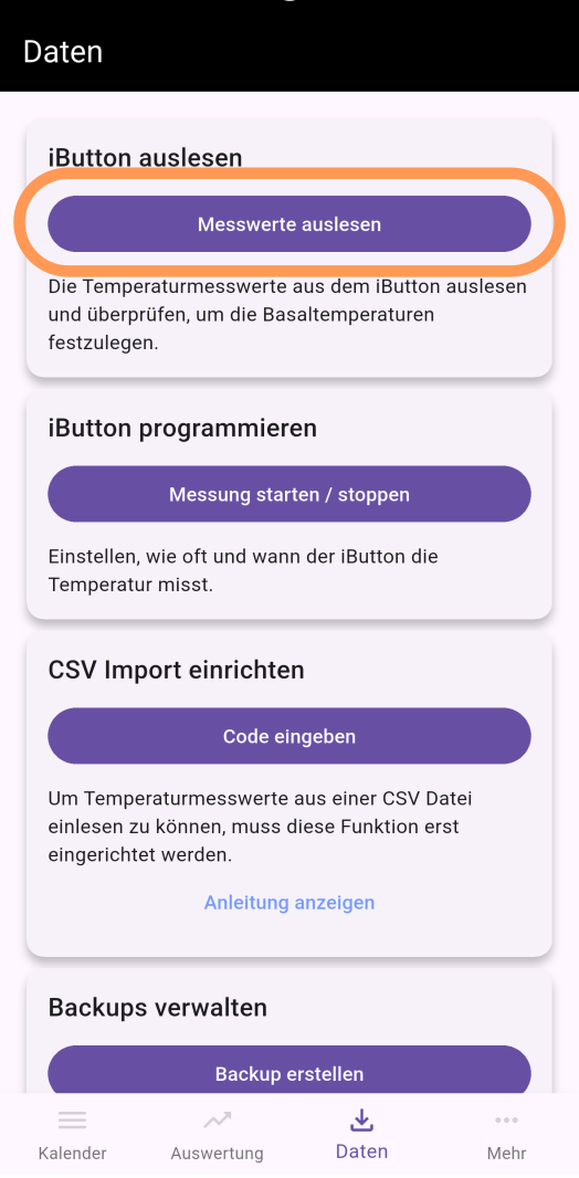 Screenshot des Datenbereichs mit hervorgehobenem Button zum Auslesen von Messwerten