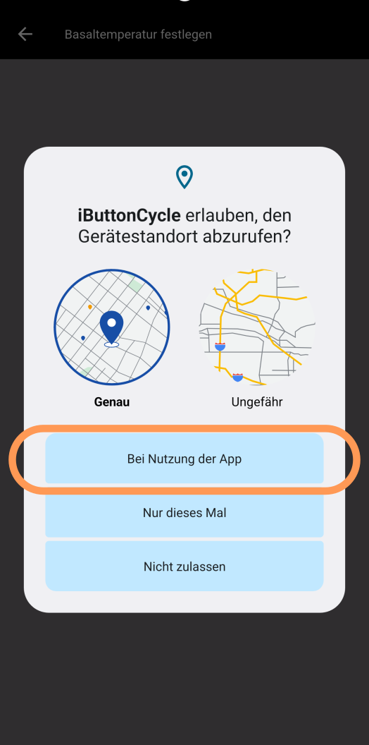 Screenshot zur Ortungsfreigabe
