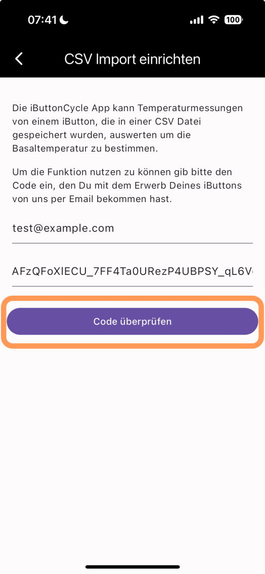 Screenshot mit hervorgehobenem Button zur Prüfung des Freischaltcodes