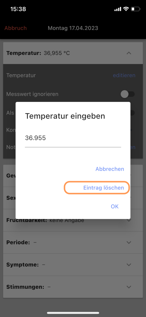 Screenshot mit Dialog zum Löschen eines Temperatureintrags
