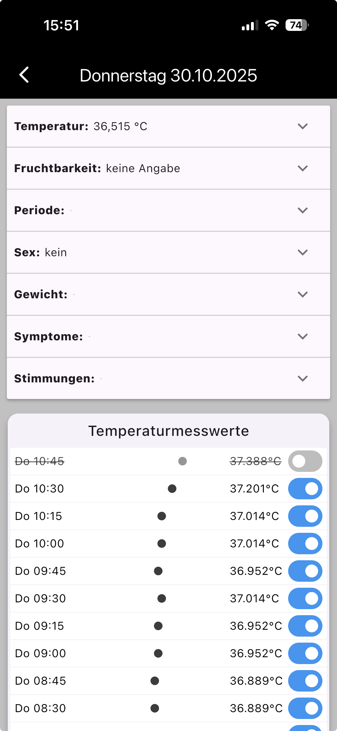 Screenshot mit Bestätigung des Imports von Temperaturmesswerten