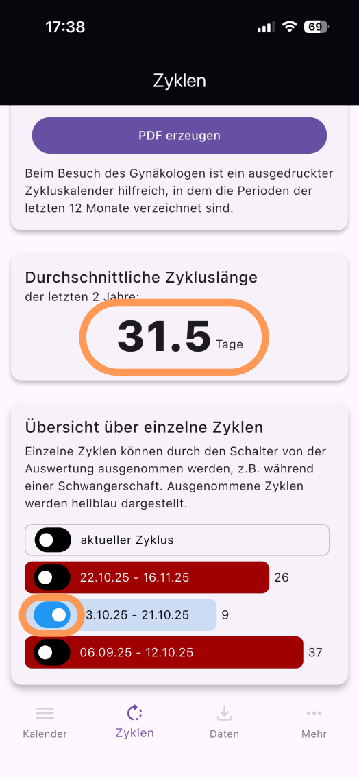 Screenshot mit einem ausgenommenen Zyklus