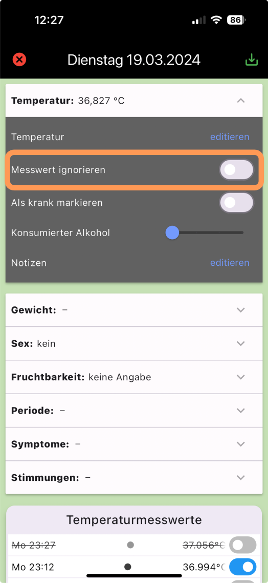 Screenshot zum ignorieren von Messwerten