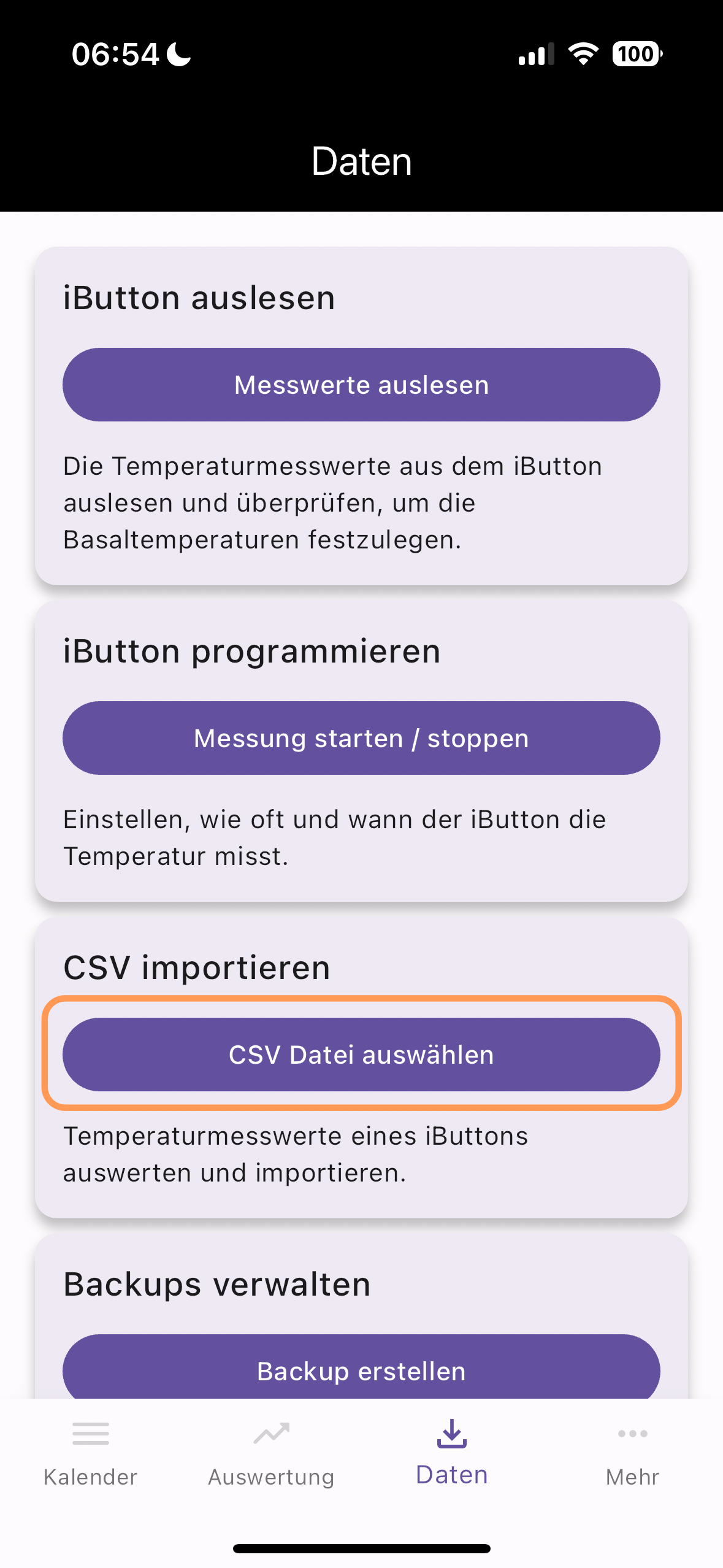 Screenshot mit Button zum Öffnen einer CSV Datei