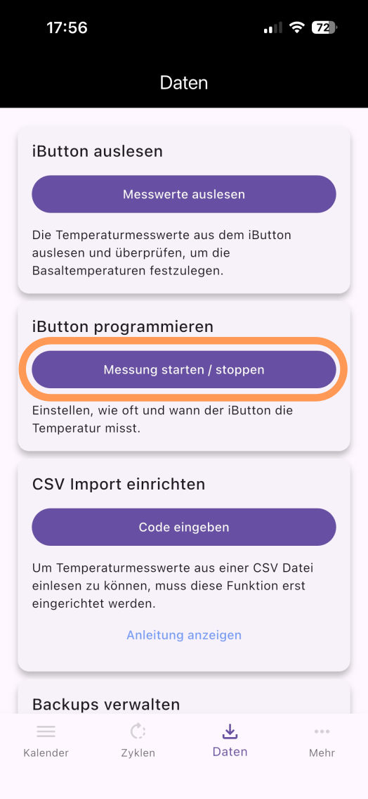 Screenshot zum Start der iButton Programmierung