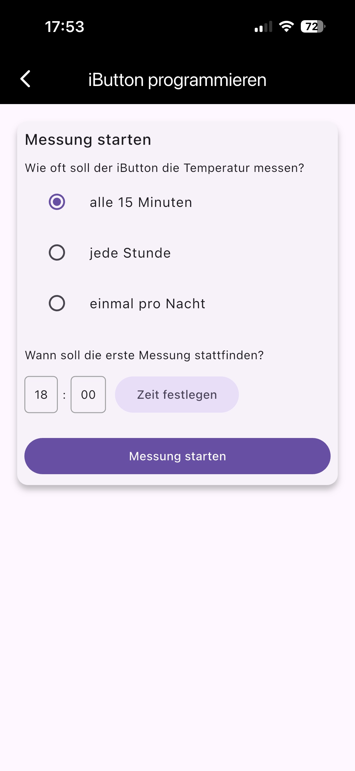 Screenshot zur Auswahl von Messintervall und Startzeit