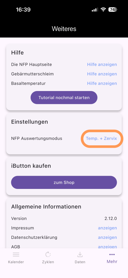 Screenshot zur Auswahl der NFP Auswertungsmethode