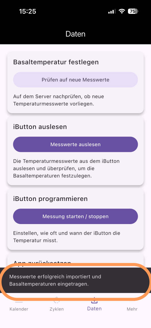 Screenshot mit Bestätigung des Imports von Temperaturmesswerten