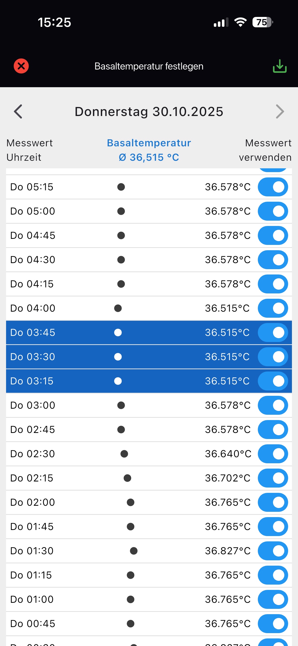Startscreen zur Festlegung der Basaltemperatur