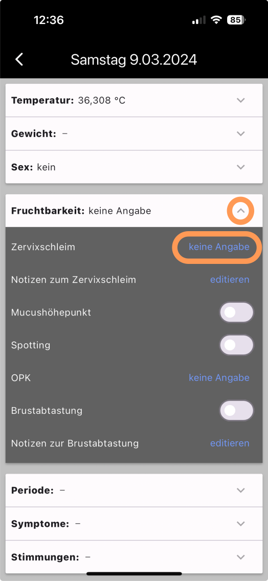 Screenshot zum Setzen der Gebärmutterschleimbeschaffenheit