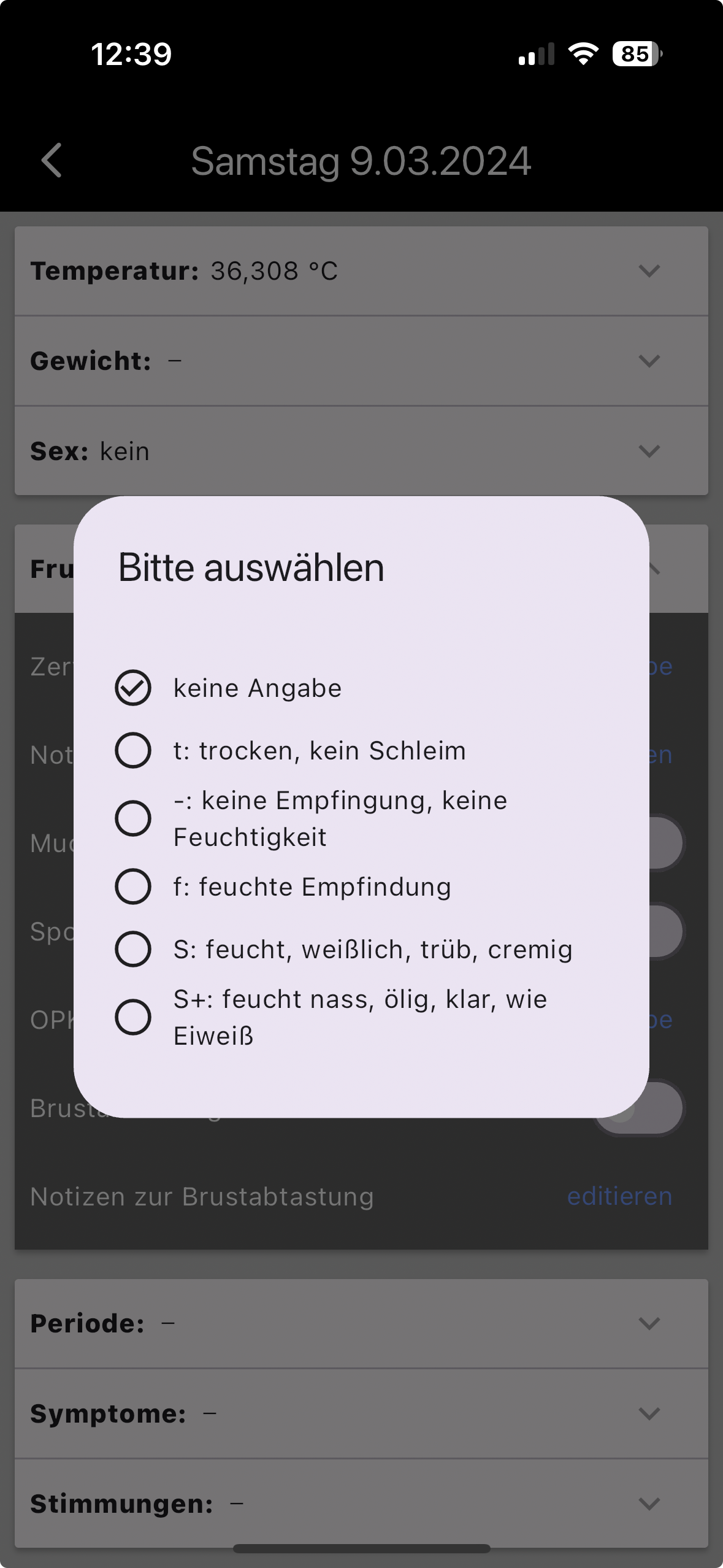 Screenshot zur Auswahl der Gebärmutterschleimbeschaffenheit