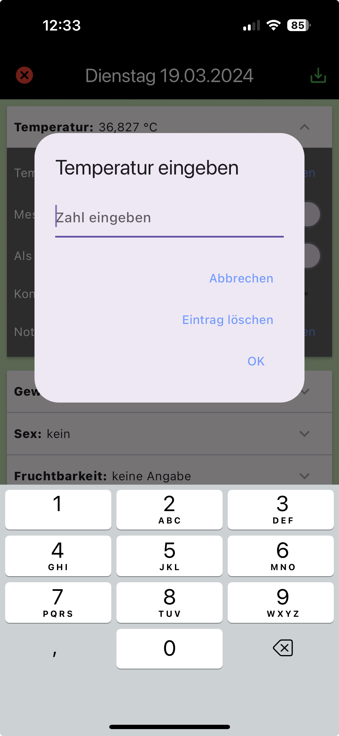 Screenshot zu Dialog zur Temperatureingabe