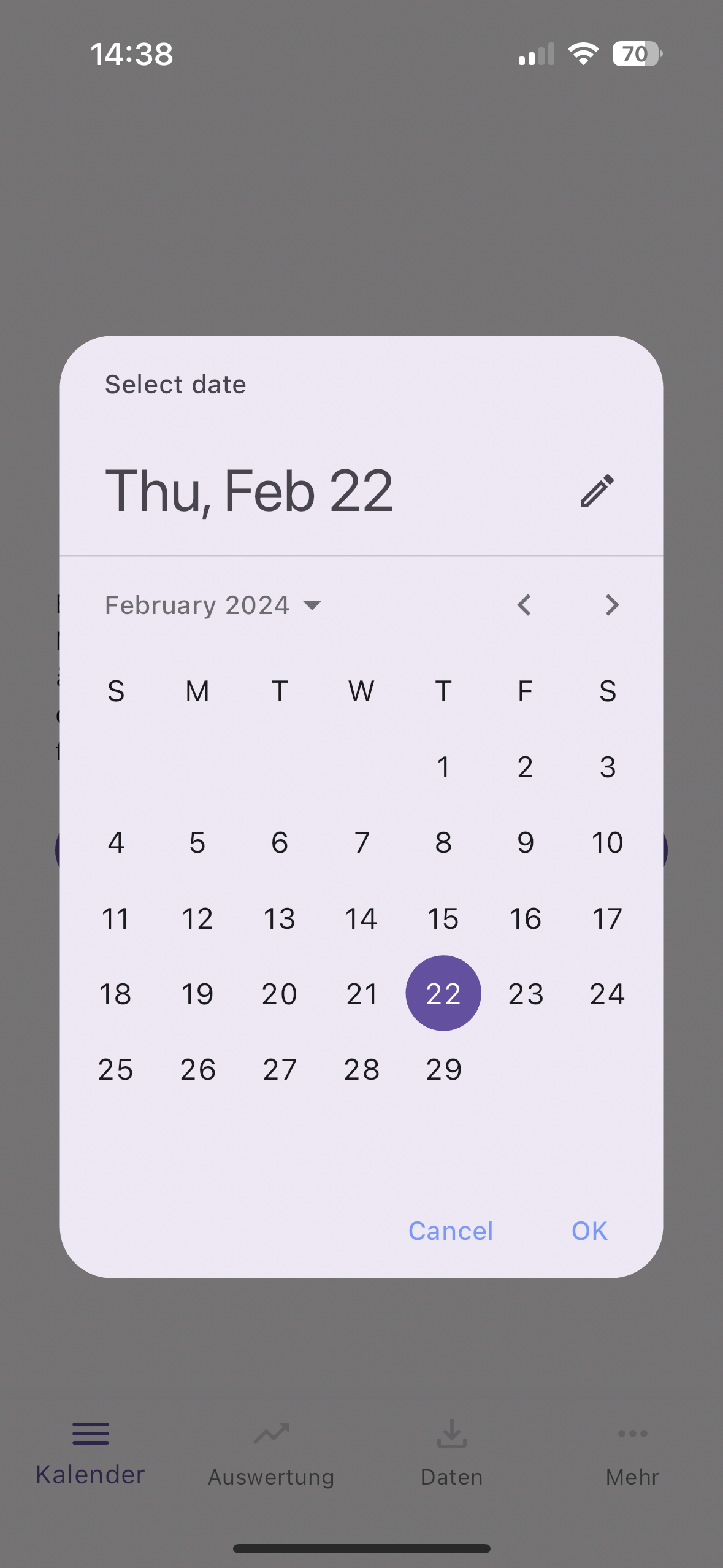 Screenshot zu Setup: Auswahl des Datums der ersten Periode