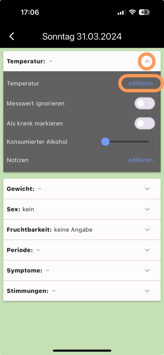 Screenshot wie man zur Temperatureingabe kommt