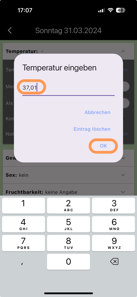 Screenshot wo man die Temperatur eingibt