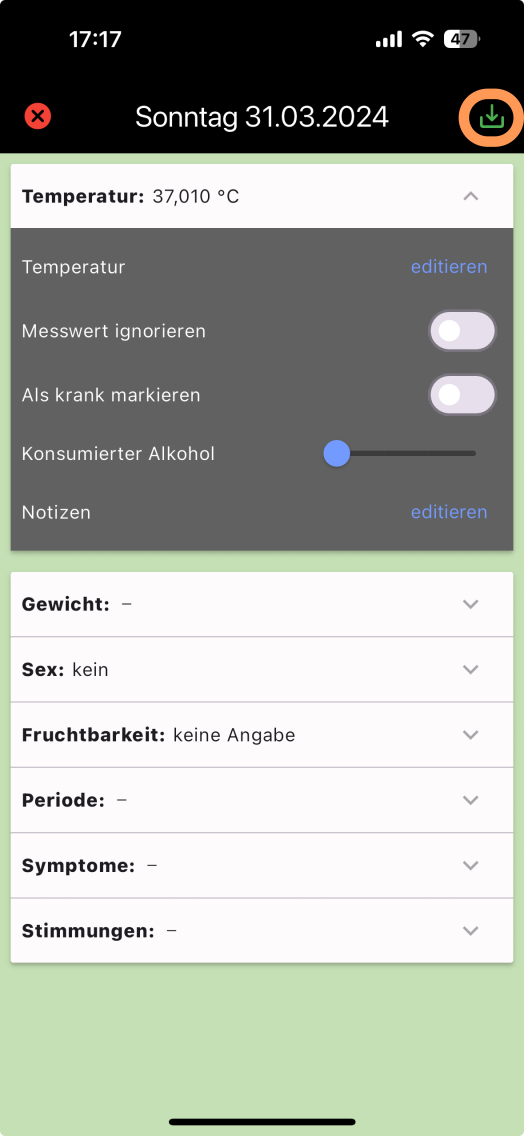 Screenshot wie man die Temperatur abspeichert